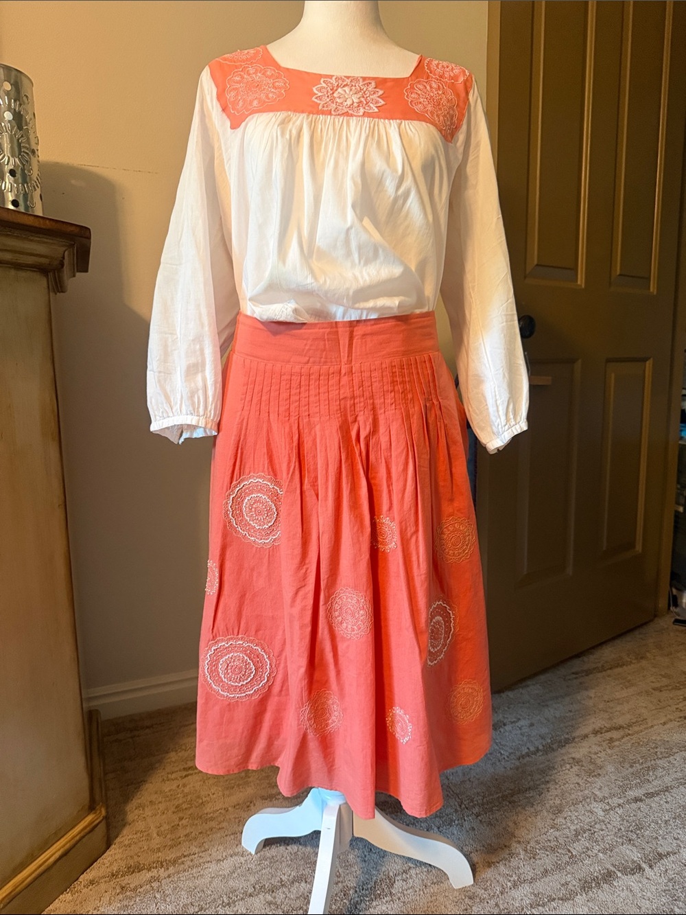 Nougat London Coral Skirt and matching top Set with White and coral embroidery